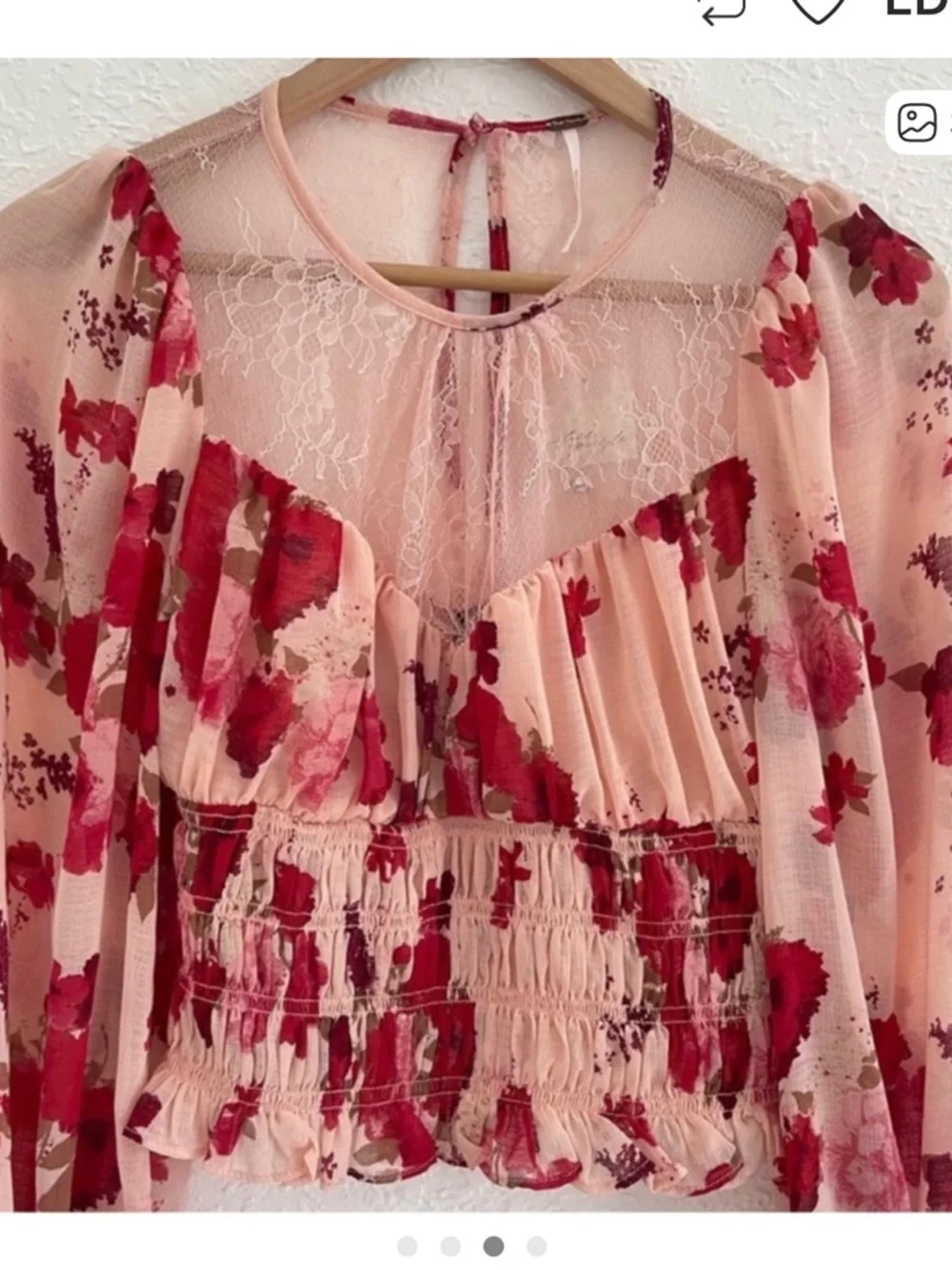 Free People Daphne Pink and Red Floral Smocked Lace Blouse